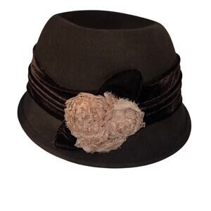Scala Pronto, Women Wool Brown Velvet Lace Flower Cloche Y2K Church Packable Hat